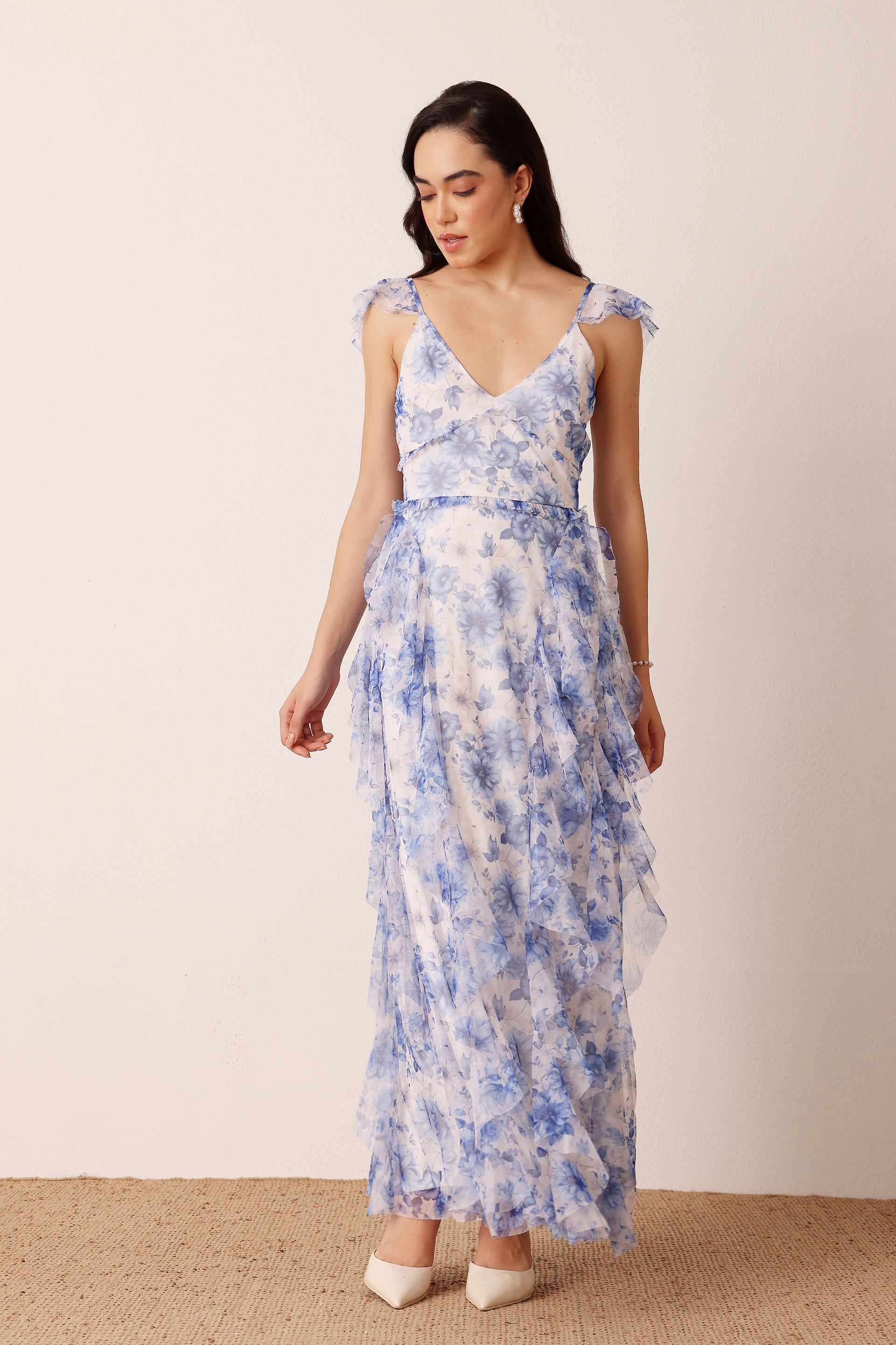 Malin Tulle Maxi Dress in Blue Print