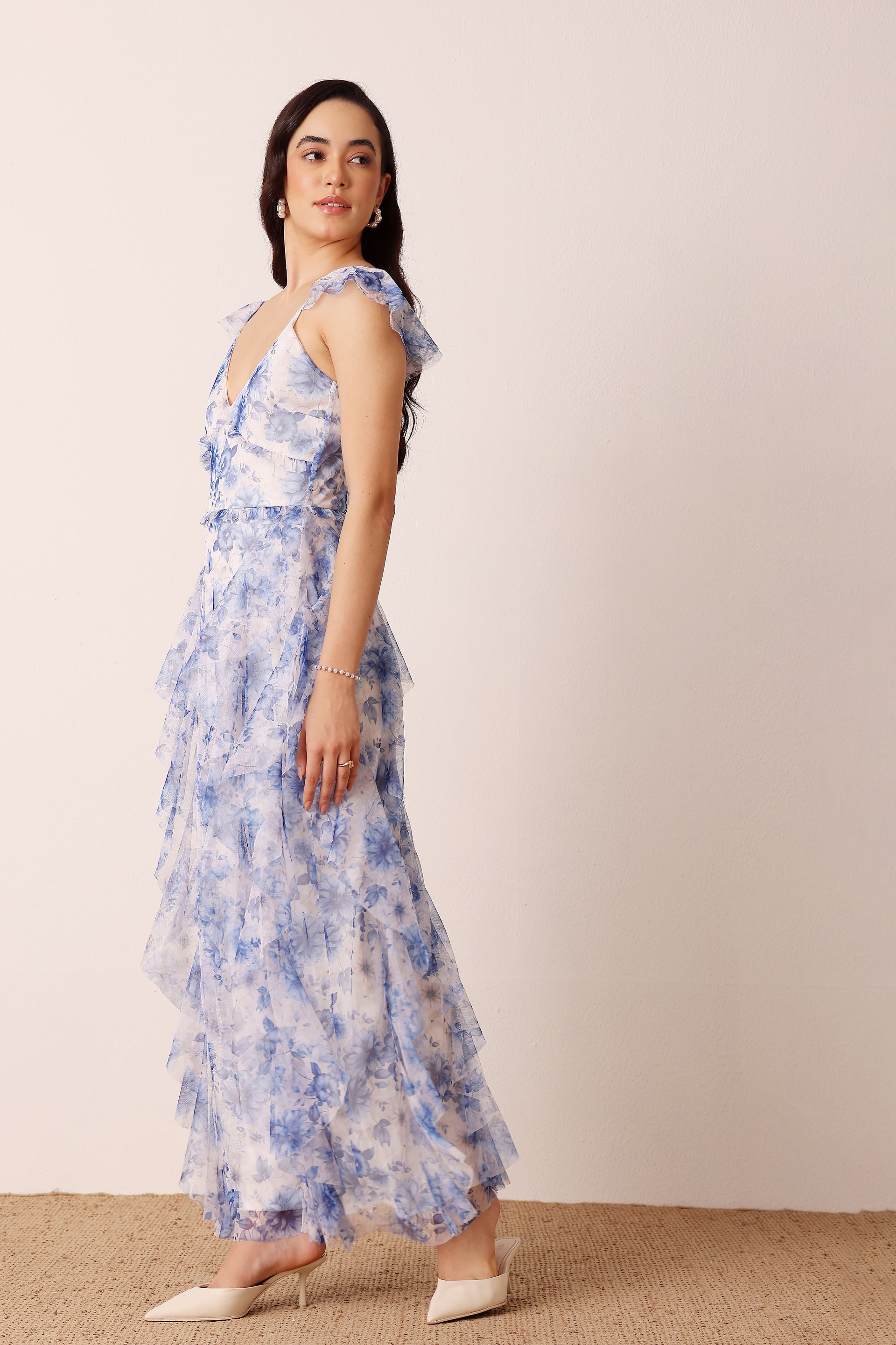 Malin Tulle Maxi Dress in Blue Print