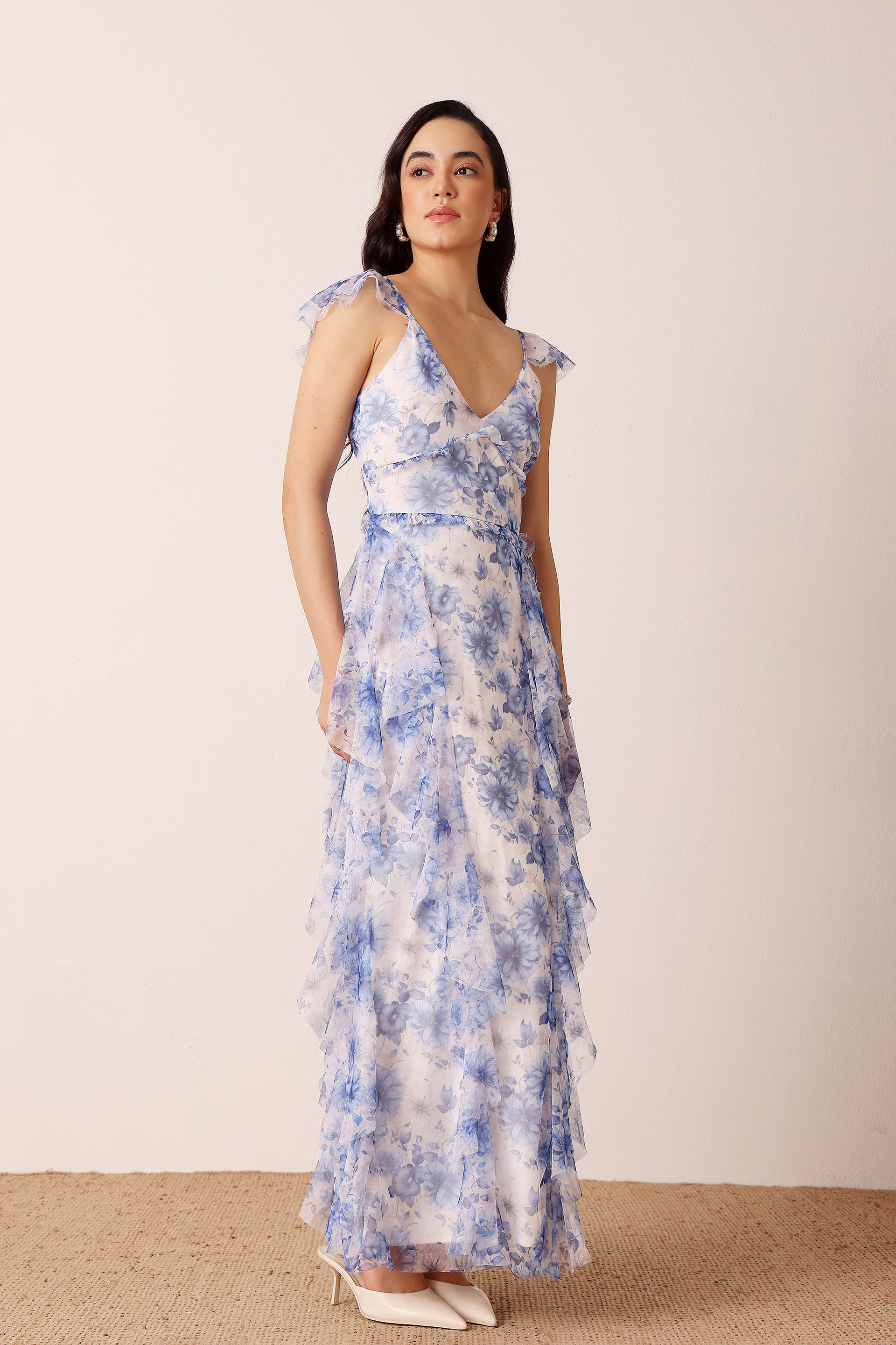 Malin Tulle Maxi Dress in Blue Print