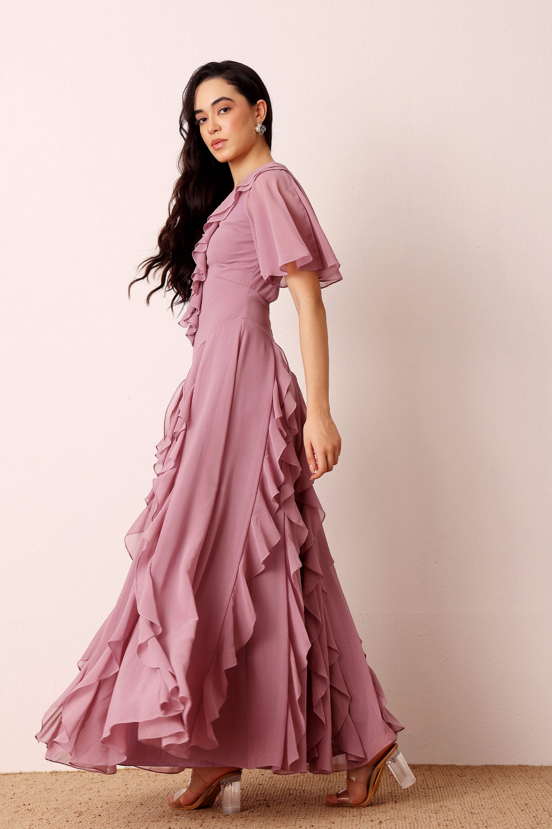 Ruffle Dusty Lilac Pink Ocassionwear Maxi Short Sleeve Dress 