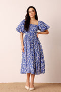 Puff sleeve cotton midi sundress blue white leaf print 