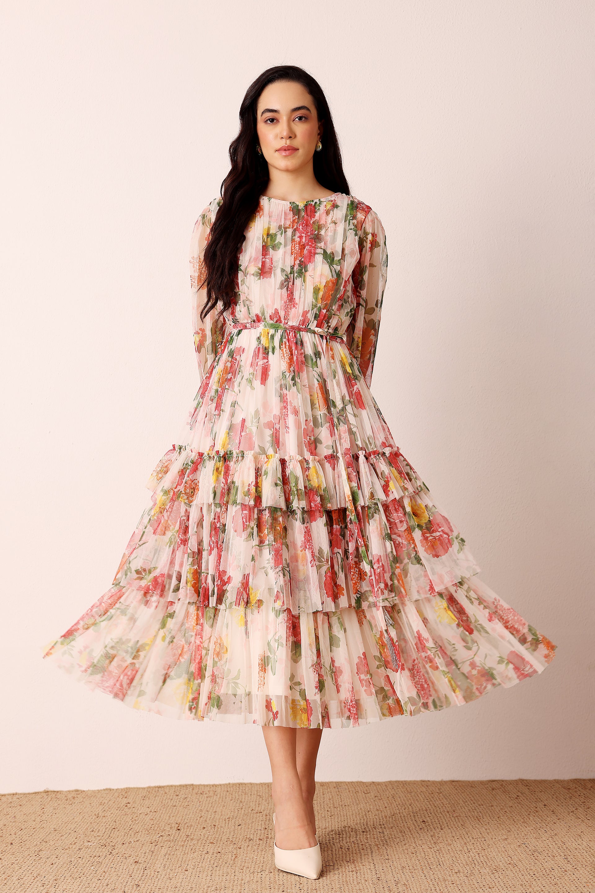 Rebecca Midi Dress in Cream Floral
