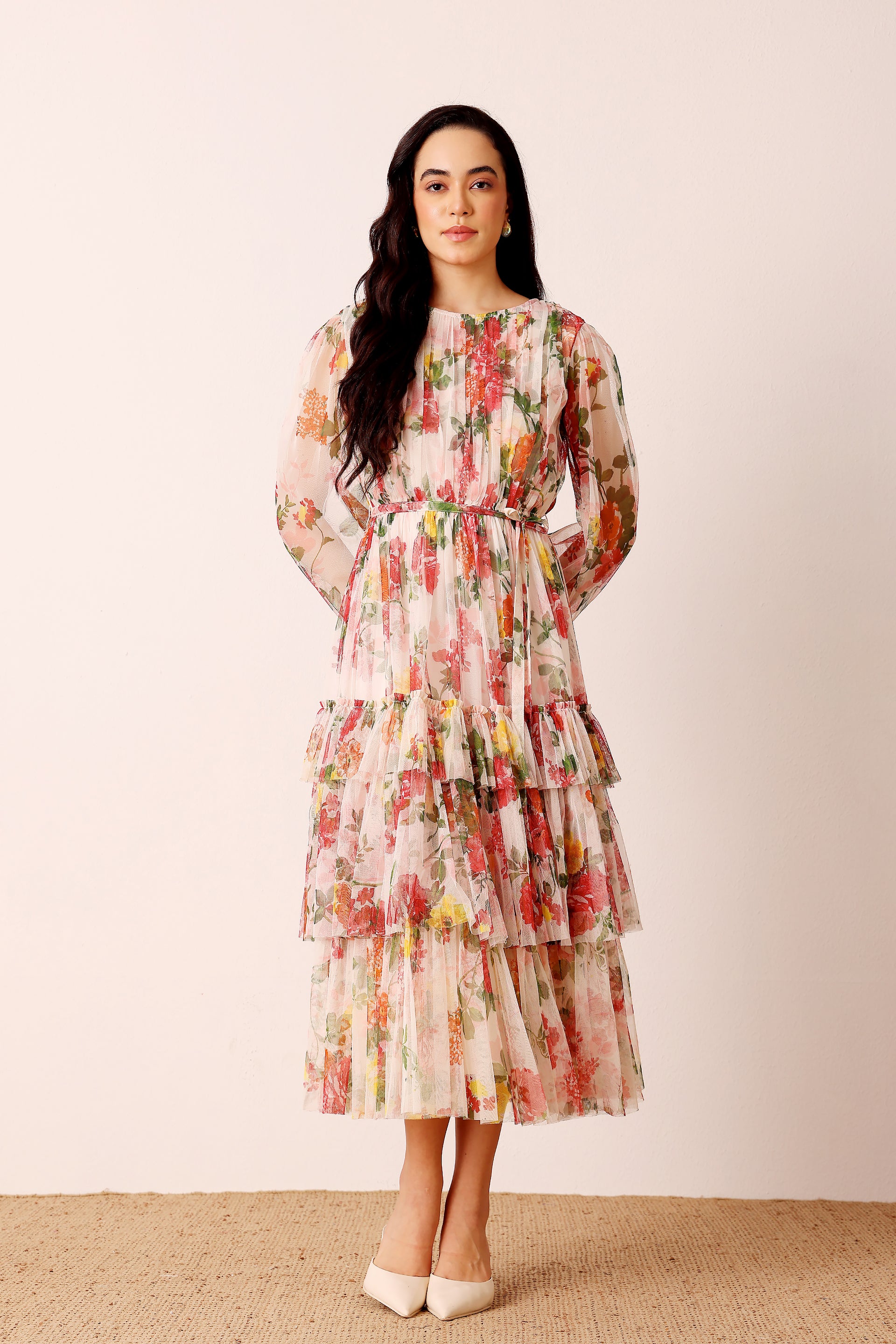 Rebecca Midi Dress in Cream Floral