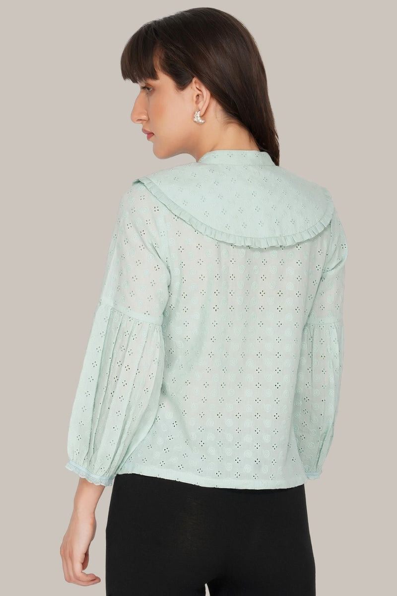 Jerri Cotton Broderie Shirt in Pastel Green