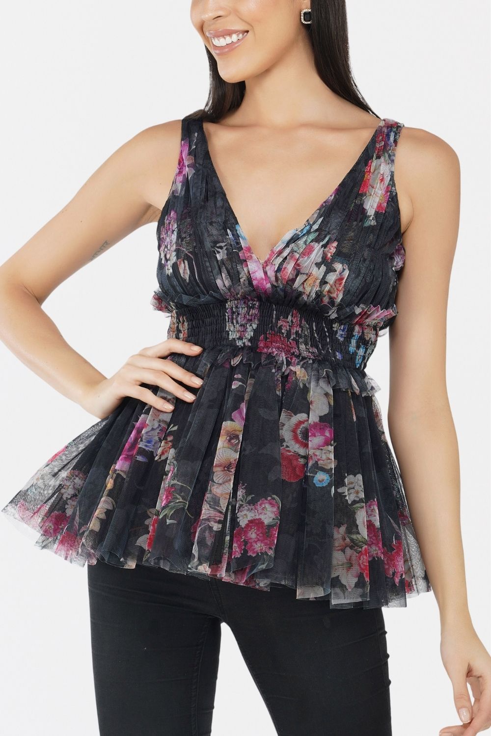 Rose Tulle Top in Dark Florals