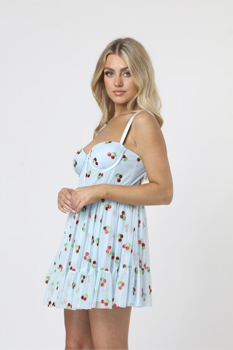 Bibi Corset Mini Dress in Glitter Cherry Print Lace Beads