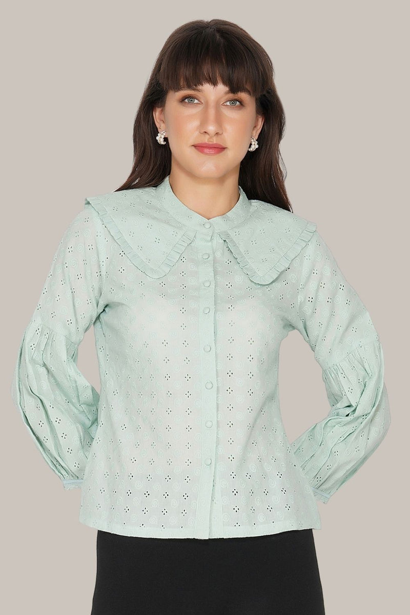 Jerri Cotton Broderie Shirt in Pastel Green