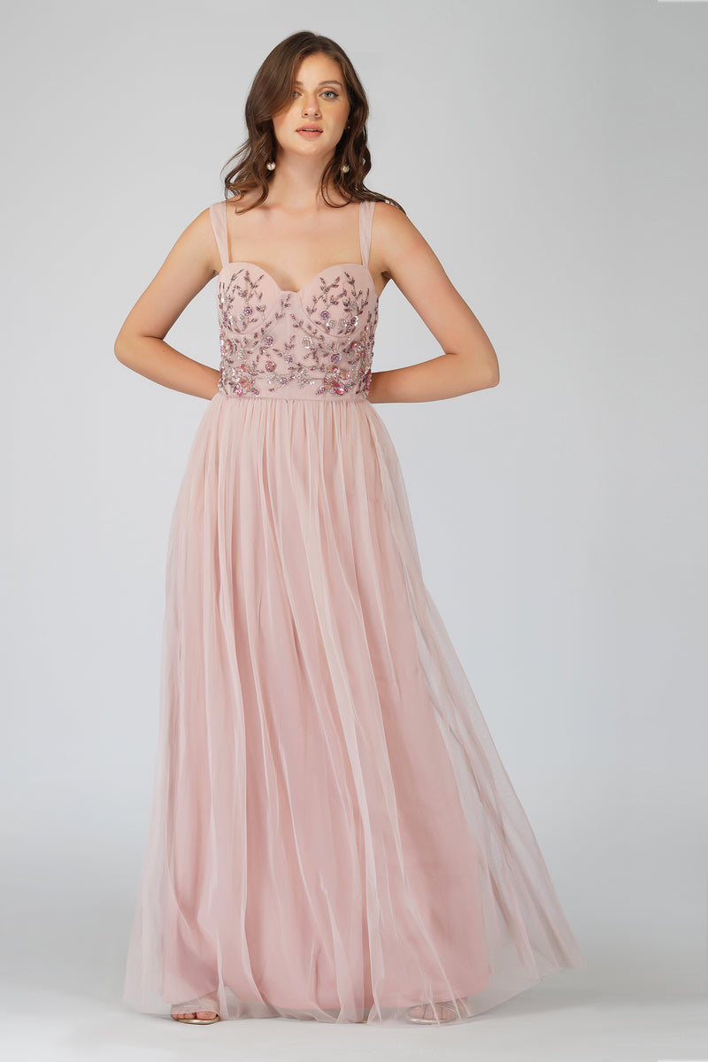 Riva Embellished Corset Maxi Dress in Pink Lace Beads