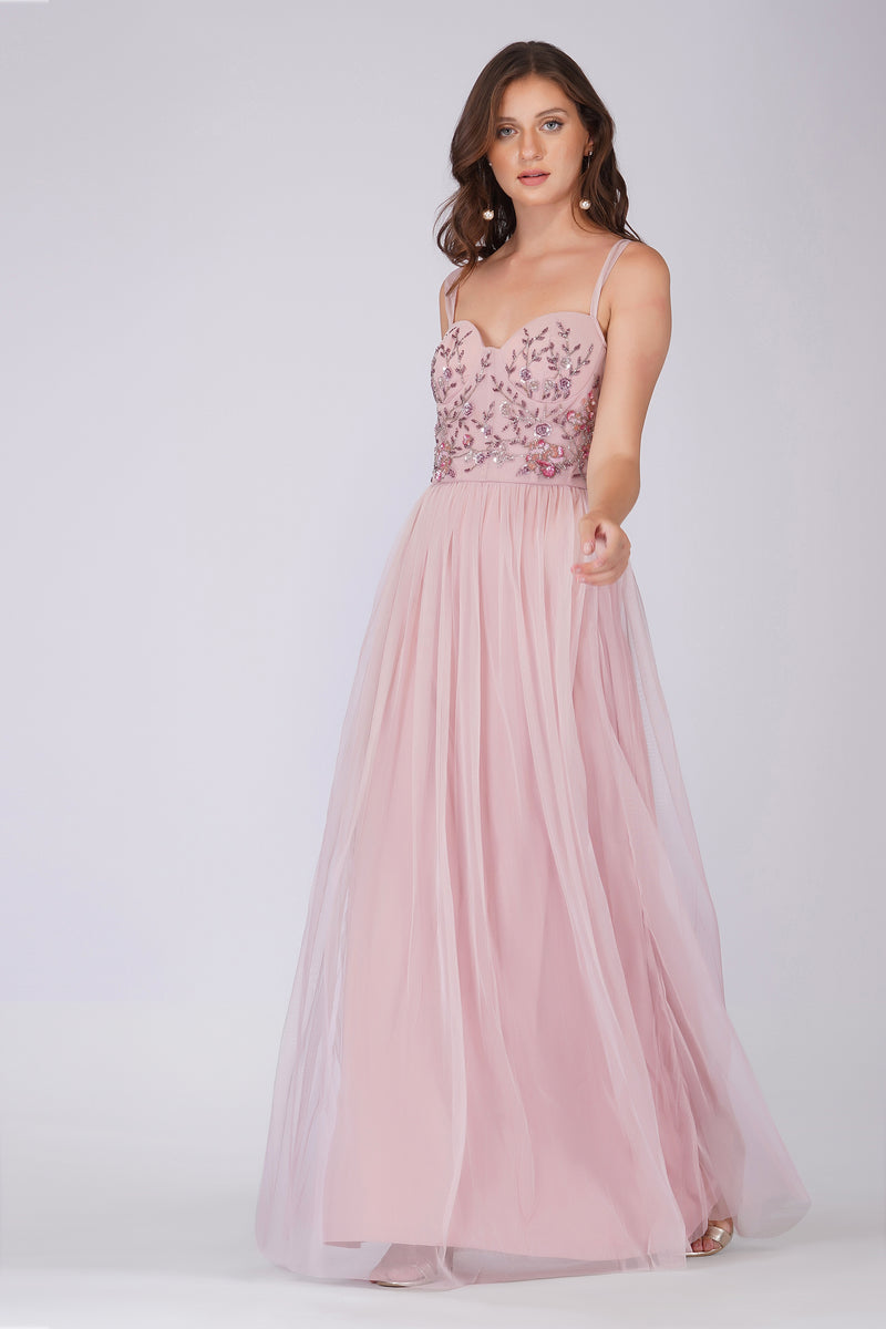 Riva Embellished Corset Maxi Dress in Pink