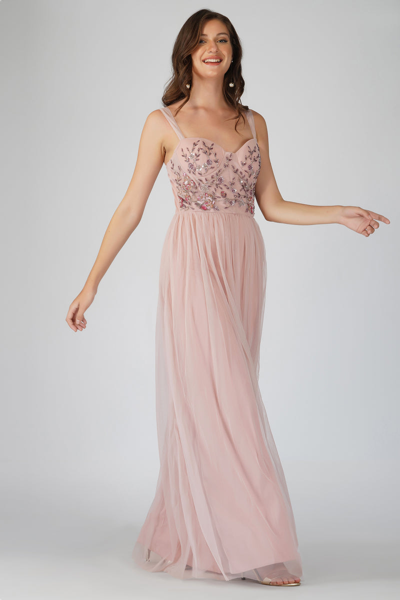 Riva Embellished Corset Maxi Dress in Pink