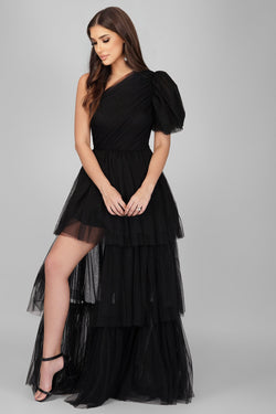 Rowena One Shoulder Tulle Gown in Black Lace Beads