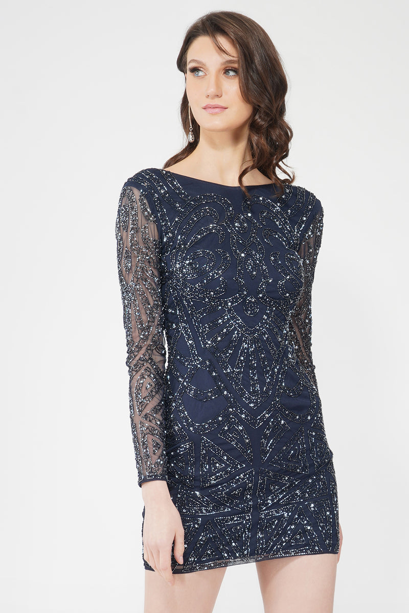 Brooklyn Navy Blue Long Sleeve Sequin Mini Dress