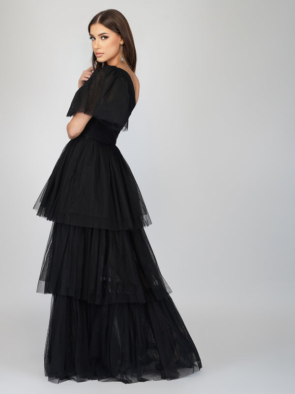 Rowena One Shoulder Tulle Gown in Black