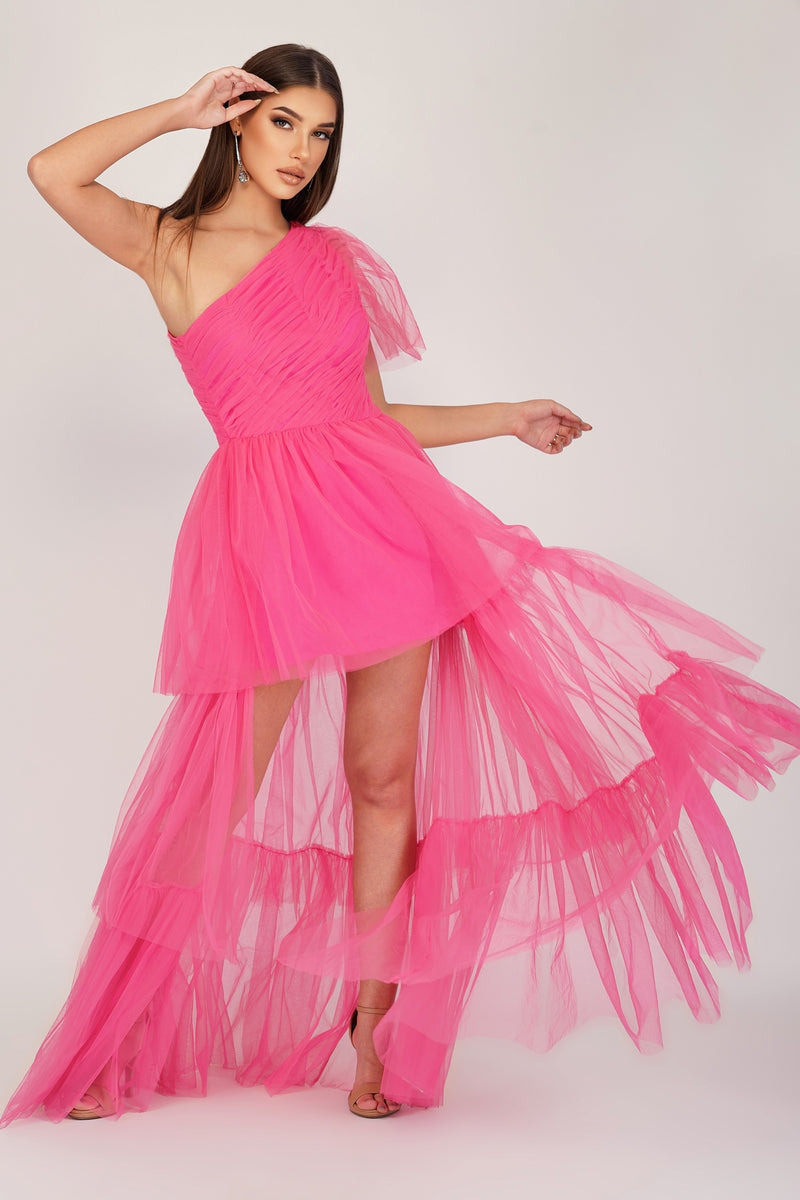Rowena Bright Pink One Shoulder Tulle Gown