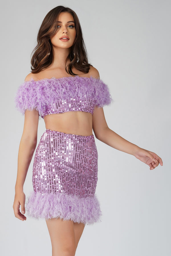 Zuri Sequin Lilac Feather Skirt