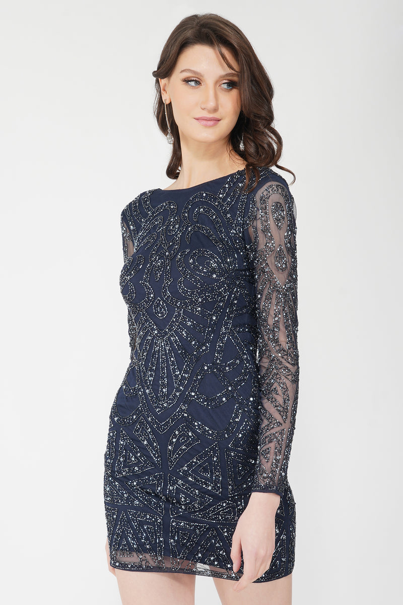 Brooklyn Navy Blue Long Sleeve Sequin Mini Dress Lace Beads