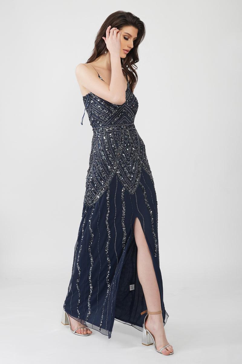 Jolie Embellished Maxi Dress in Navy Blue