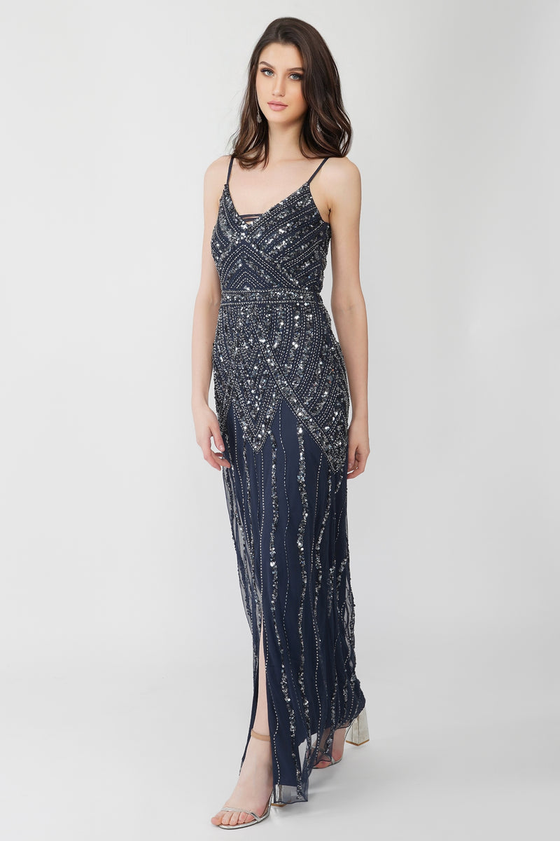 Jolie Embellished Maxi Dress in Navy Blue