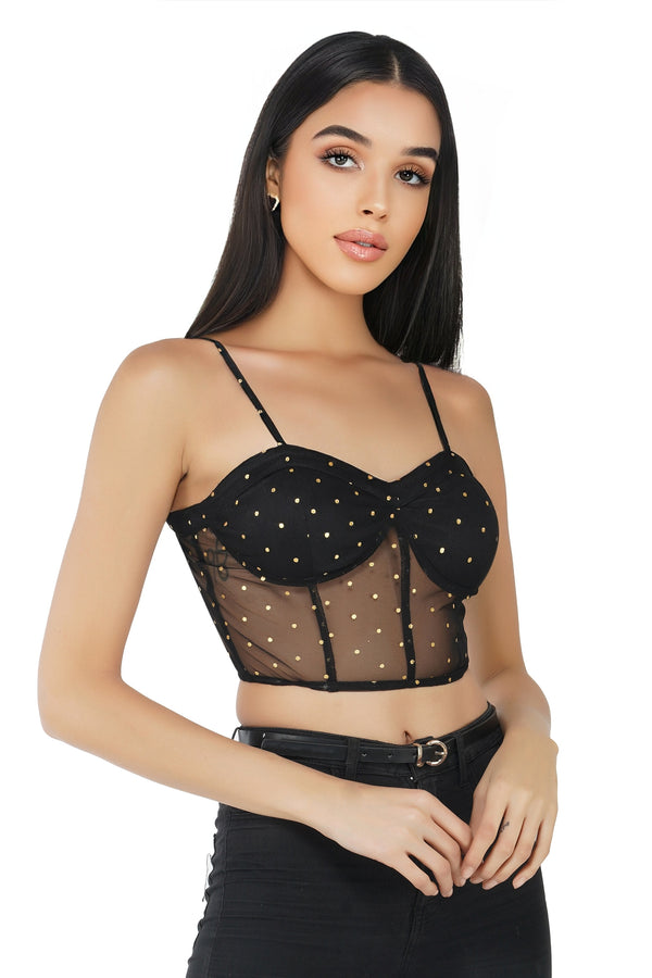 Eliza Gold Printed Corset Mesh Bralet Top in Black