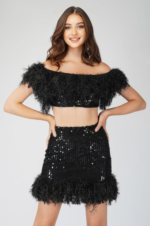 Zuri Sequin Black Feather Skirt
