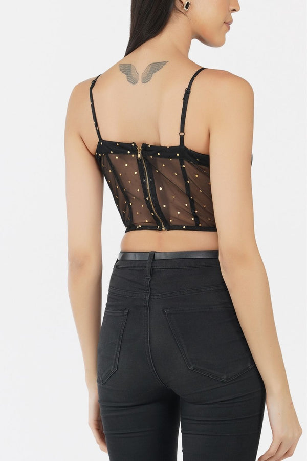 Eliza Gold Printed Corset Mesh Bralet Top in Black