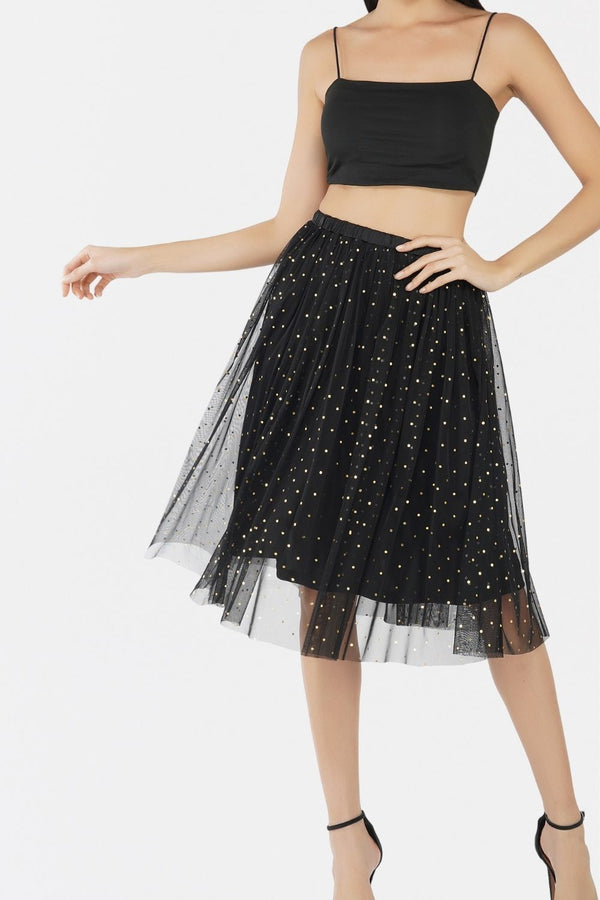 Val Black and Gold Tulle Midi Skirt