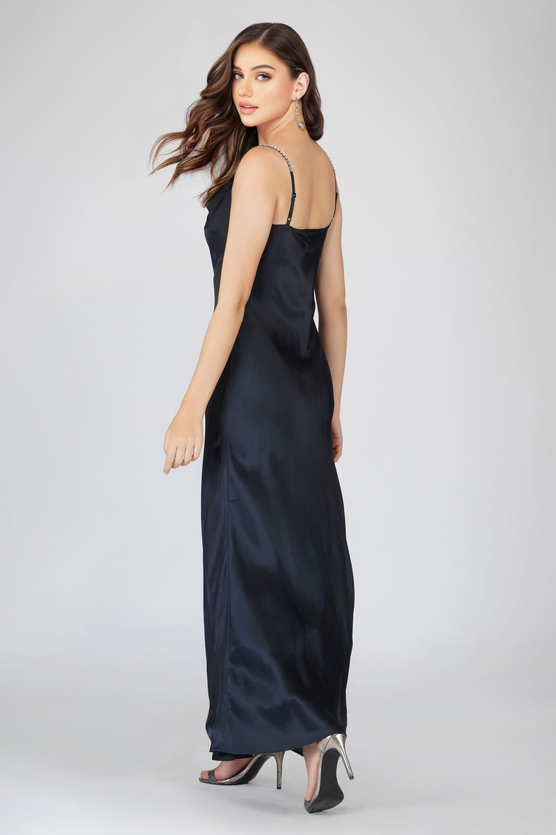 Sienna Navy Blue Satin Maxi Dress Lace Beads