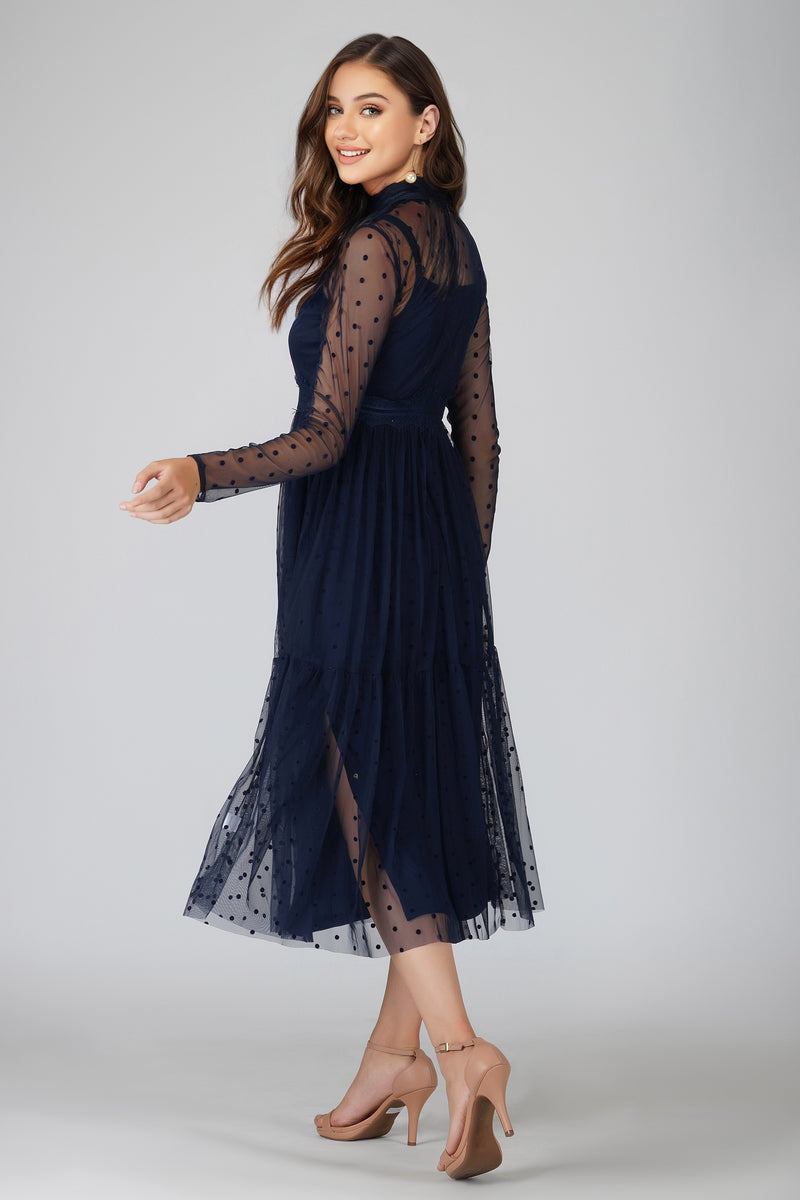 Roman Lola Polka Dot Midi Dress in Navy Blue Lace Beads