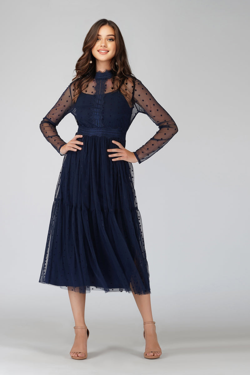 Roman Lola Polka Dot Midi Dress in Navy Blue Lace Beads
