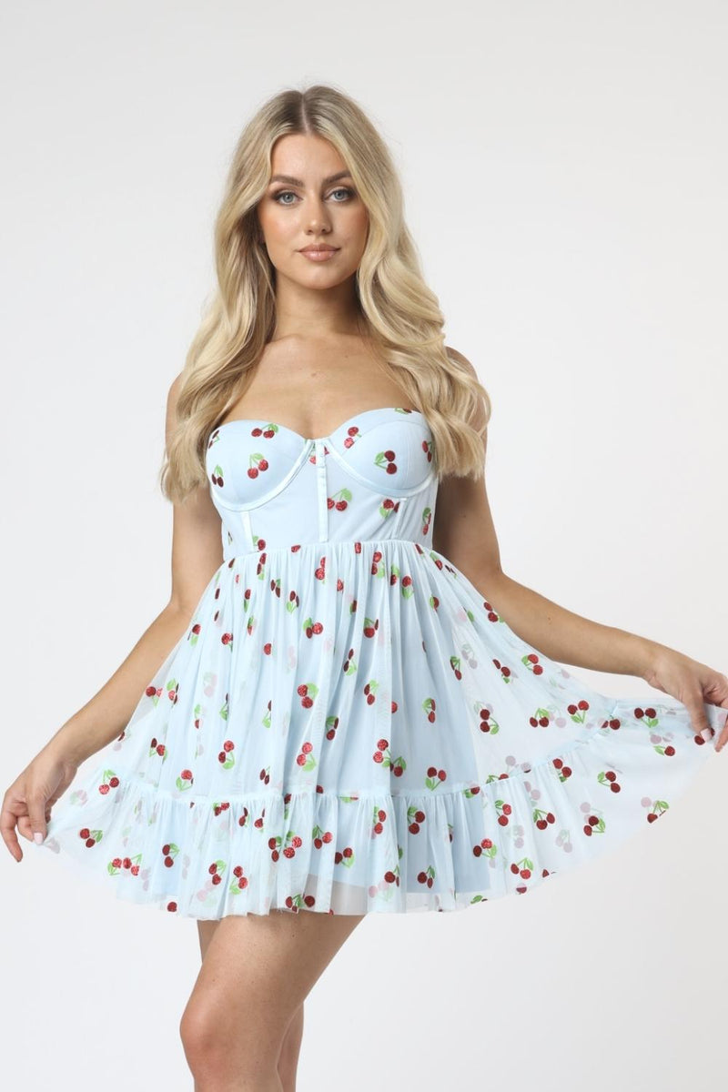Bibi Corset Mini Dress in Glitter Cherry Print