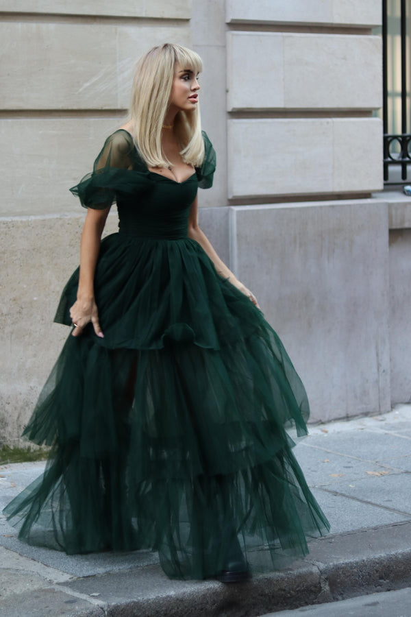Sydney Off Shoulder Tulle Maxi Dress in Emerald Green