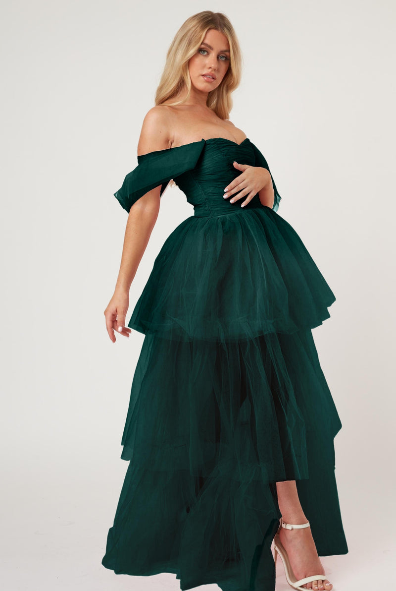 Sydney Off Shoulder Tulle Maxi Dress in Emerald Green