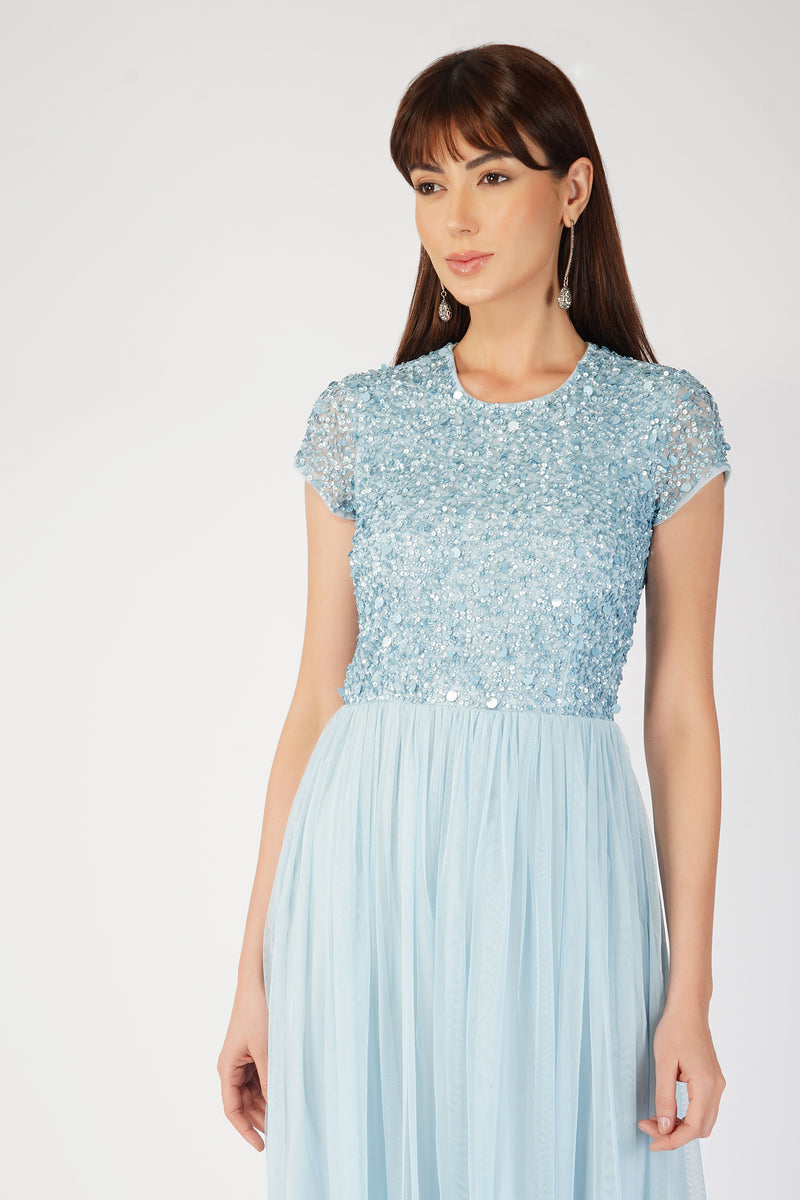 Picasso Short Sleeve Blue Bridesmaid Dress