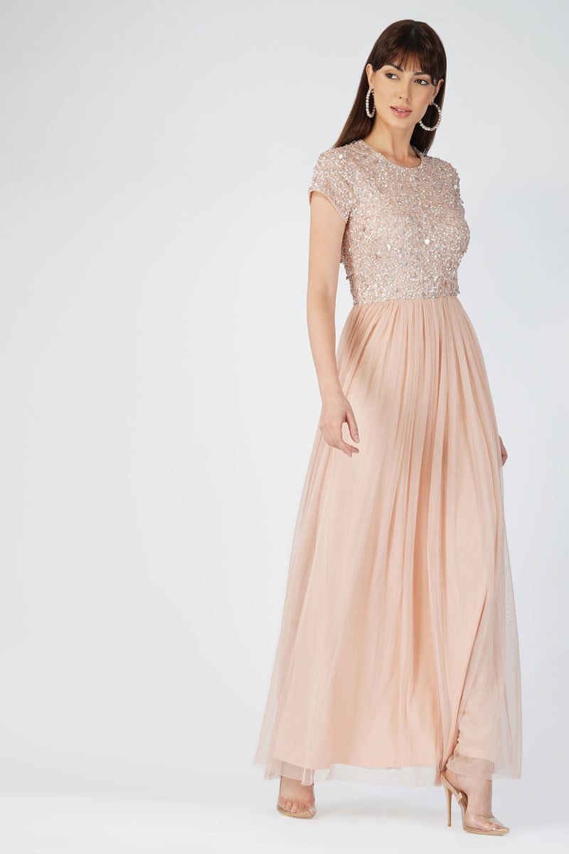 Picasso Short Sleeve Blush Pink Bridesmaid Dress Lace Beads
