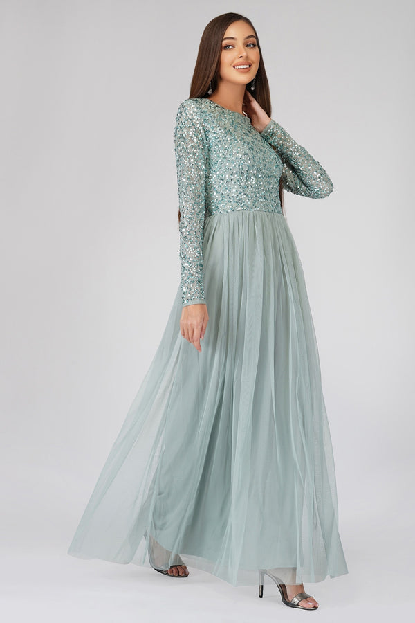 sage green embellished dress