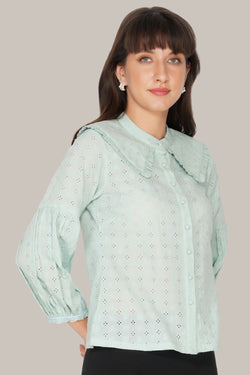 Jerri Cotton Broderie Shirt in Pastel Green