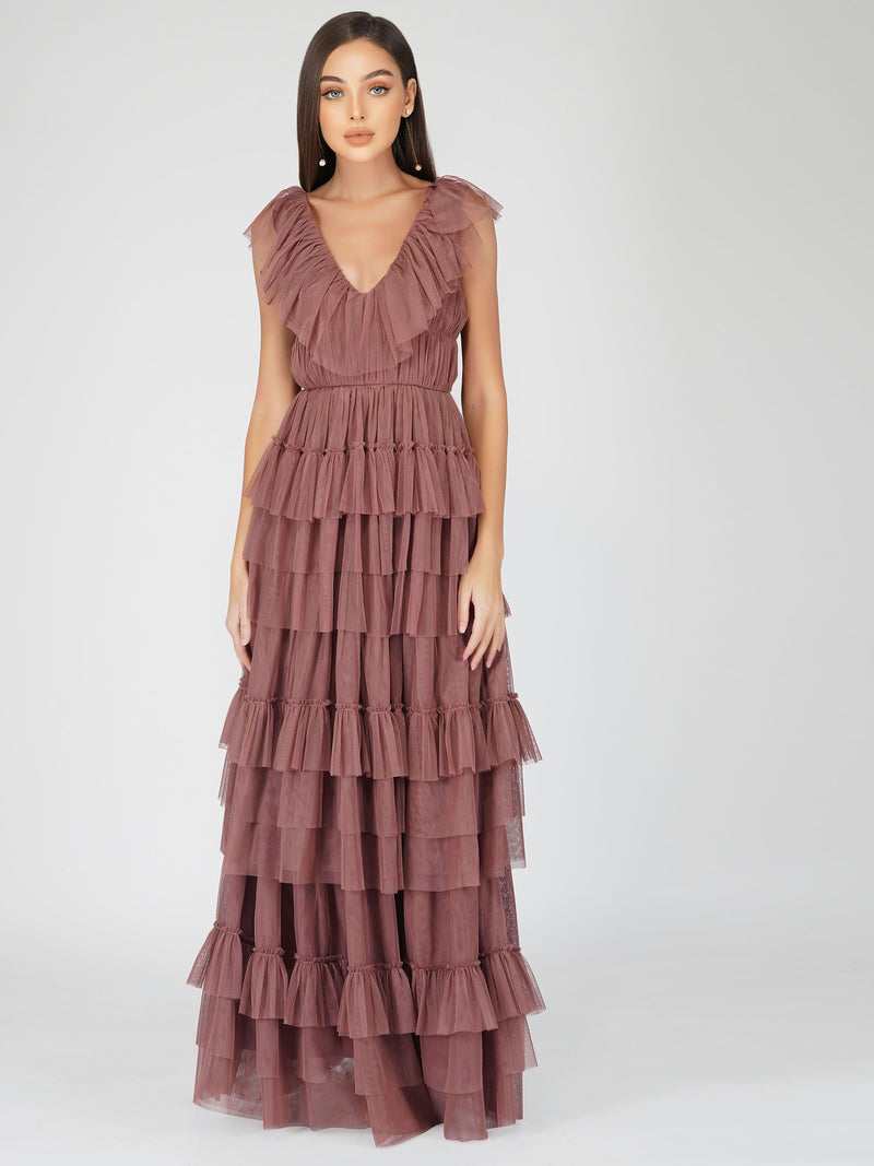 Alexandra Merlot Tulle Maxi Dress