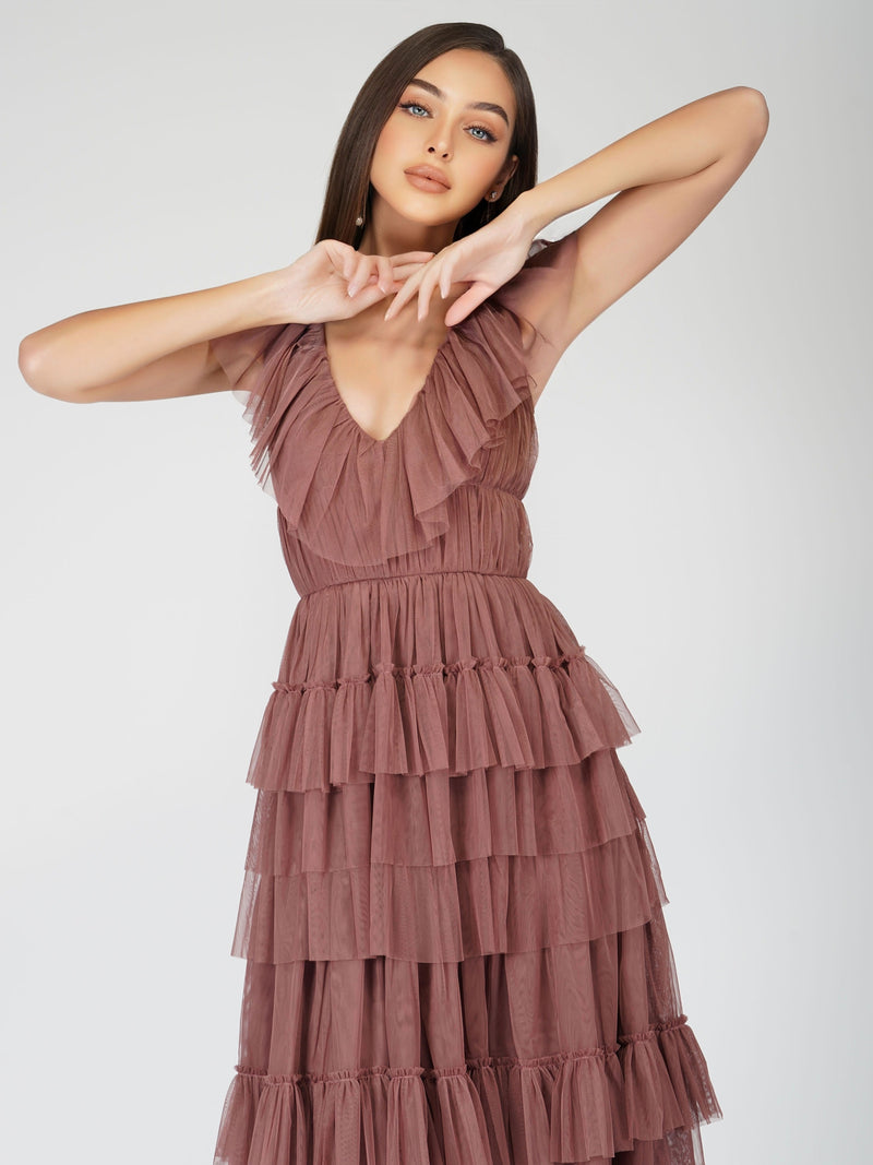 Alexandra Merlot Tulle Maxi Dress