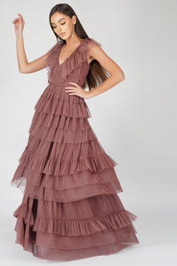 Alexandra Merlot Tulle Maxi Dress Lace Beads