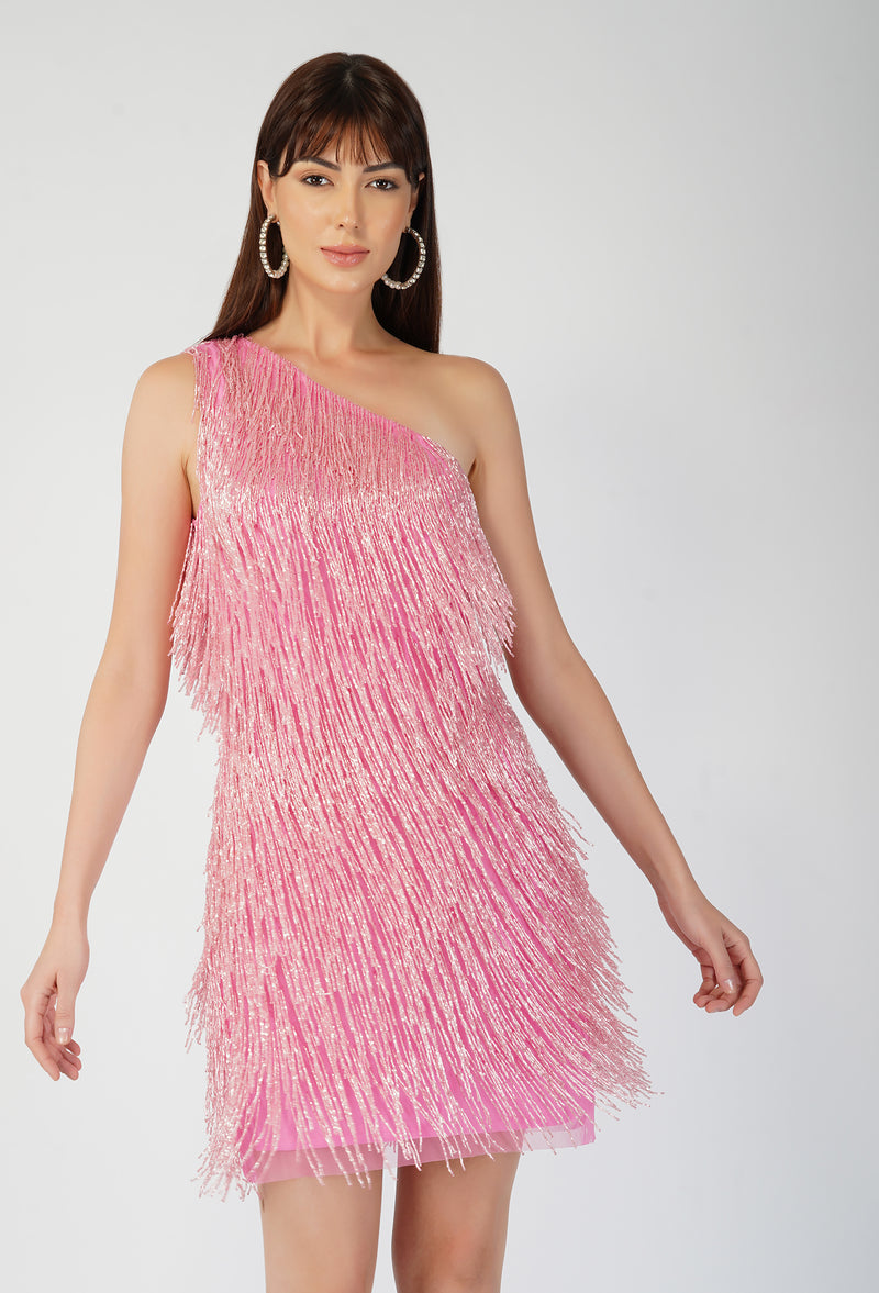 Amarato Embellished Pink Fringe Mini Dress