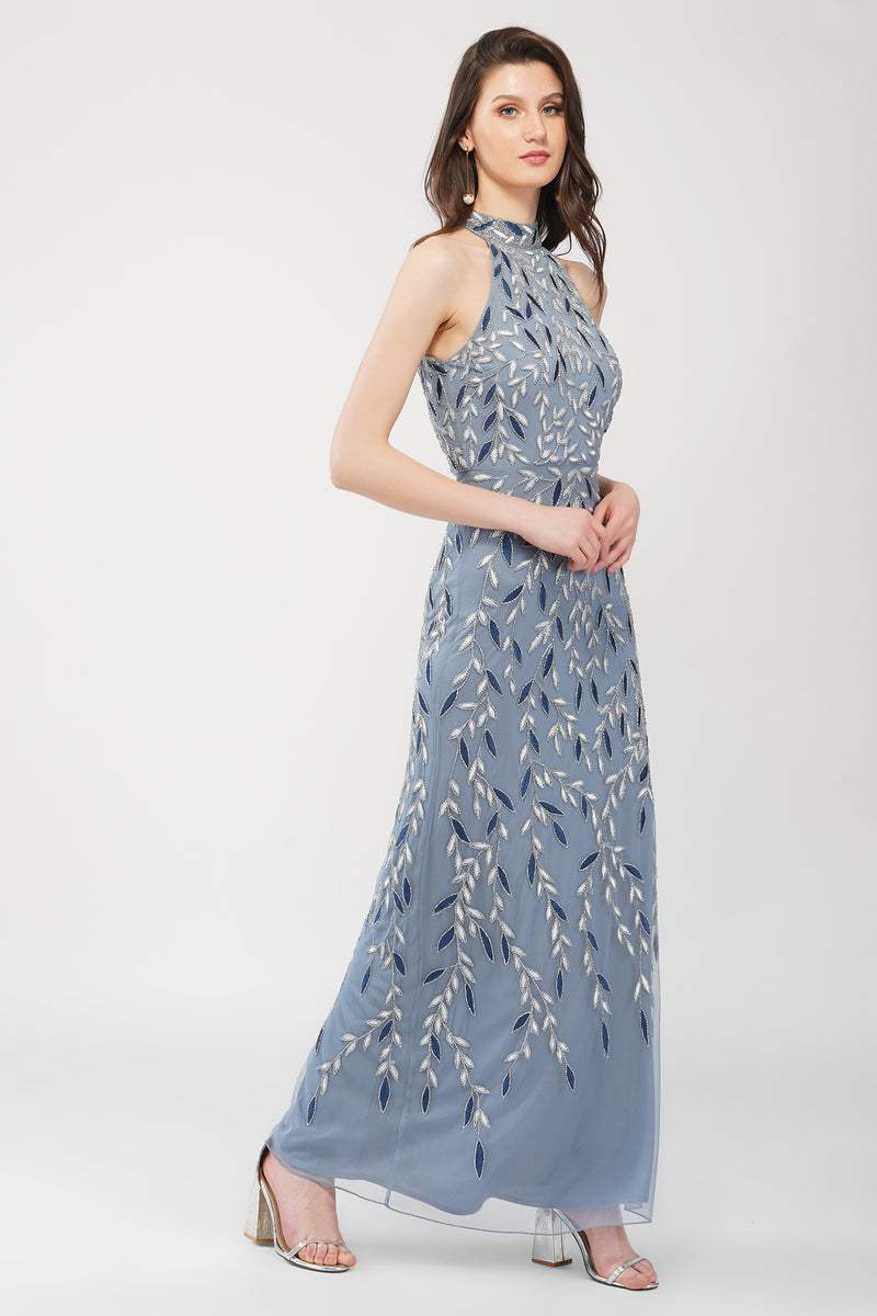 Arina Blue Embellished Maxi Dress