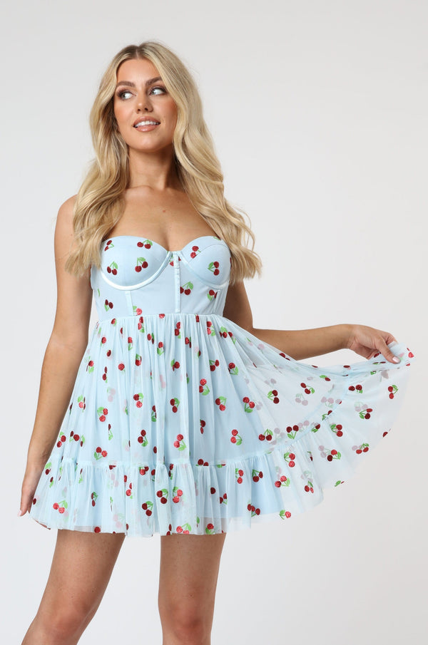 Bibi Corset Mini Dress in Glitter Cherry Print
