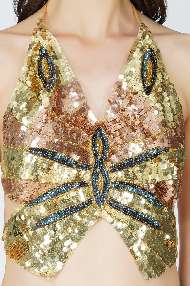 Butterfly Top in Gold Lace Beads