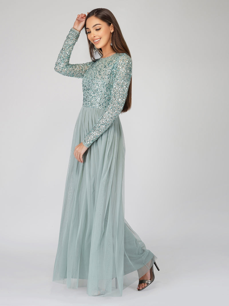 Elle Long Sleeve Sage Green Bridesmaid Maxi Dress