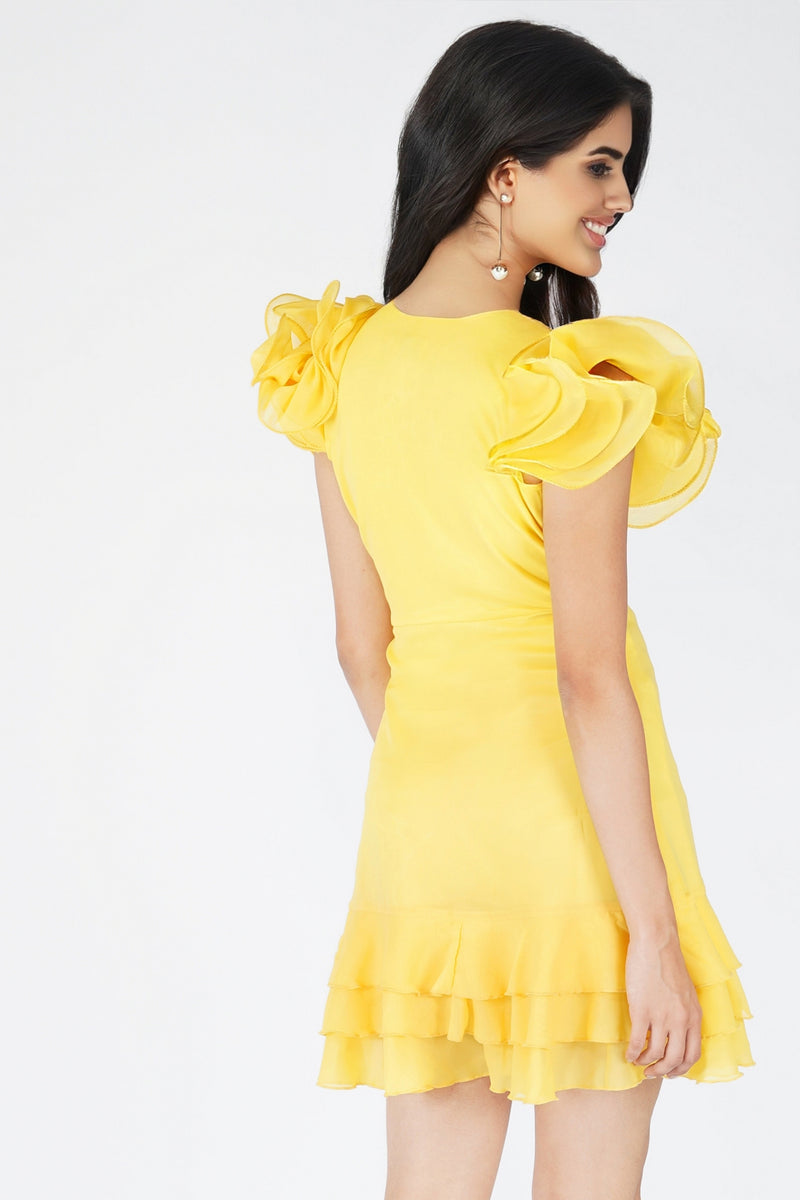 Fairy Flutter Sleeve Mini Dress in Yellow