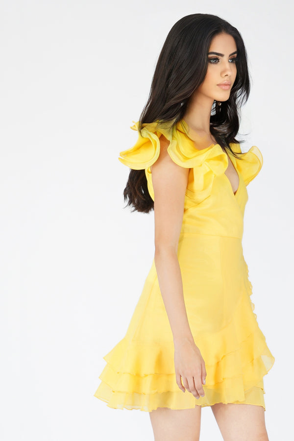 Fairy Flutter Sleeve Mini Dress in Yellow