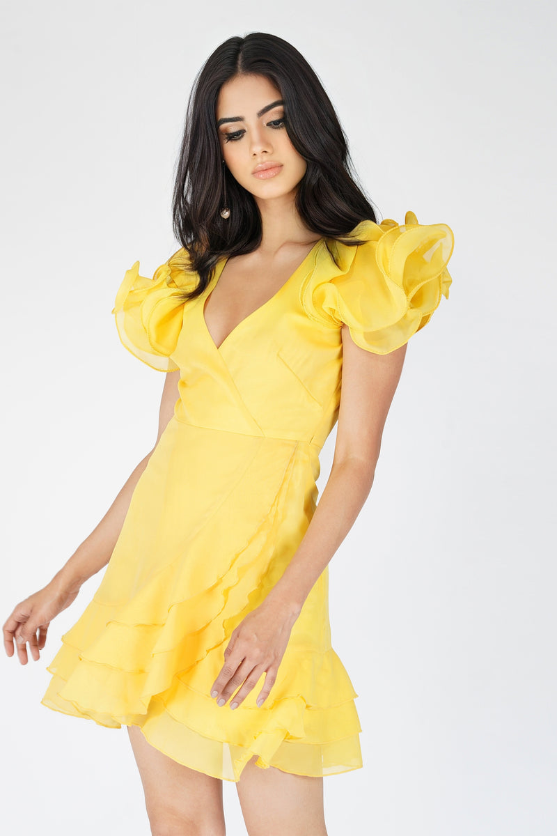 Fairy Flutter Sleeve Mini Dress in Yellow Lace Beads