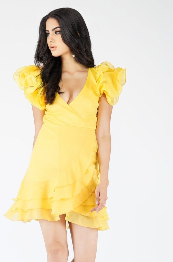 Fairy Flutter Sleeve Mini Dress in Yellow