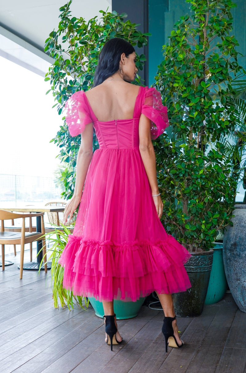 Jayne Bright Pink Tulle Midi Dress