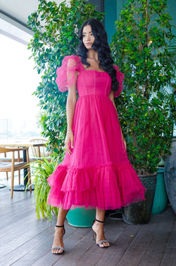 Jayne Bright Pink Tulle Midi Dress